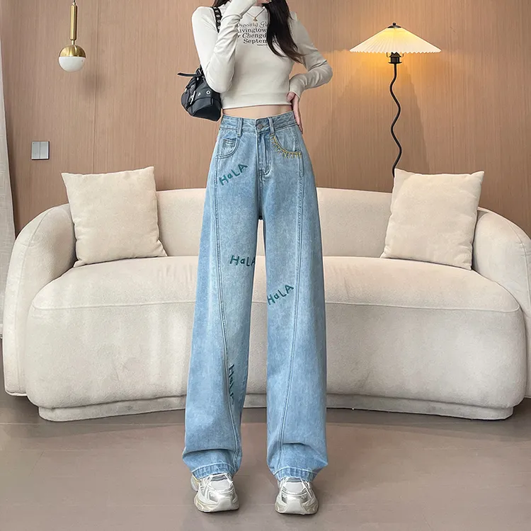 刺绣阔腿牛仔裤女2025年秋装新款高腰显瘦高街嘻哈直筒裤长裤
