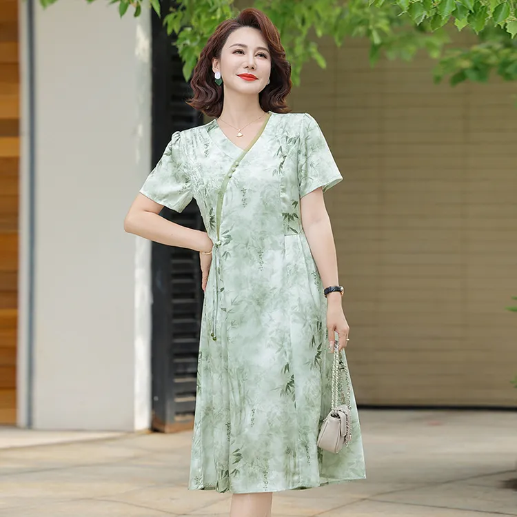 夏季中老年新款竹报平安气质高端宽松短袖连衣裙长裙裙子中长款