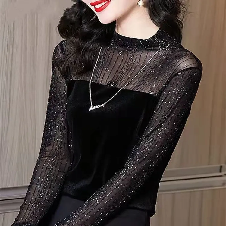 【80-160斤可穿】闪闪衫女秋修身显瘦减龄内搭外穿小衫网纱闪闪上衣
