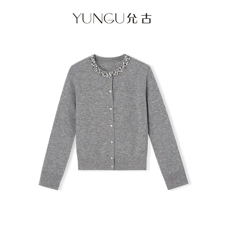 YUNGU允古【Miu系千金】重工手缝钉珠绵羊毛精致针织开衫25秋冬毛衣