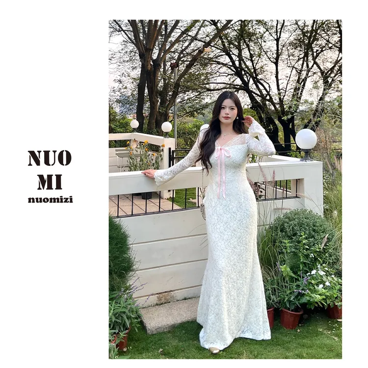 ZOZ糯米子[美纪子]纯欲性感毛绒蕾丝v领收腰显瘦秋冬鱼尾连衣裙