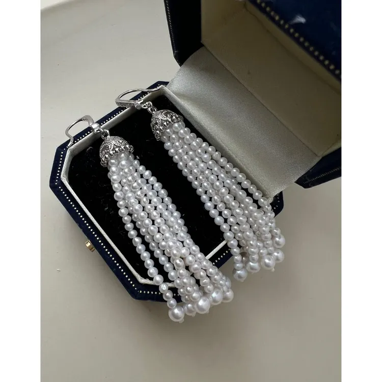 JUNMU重工多层淡水珍珠耳环法式复古轻奢耳饰高级感气质长款耳钩