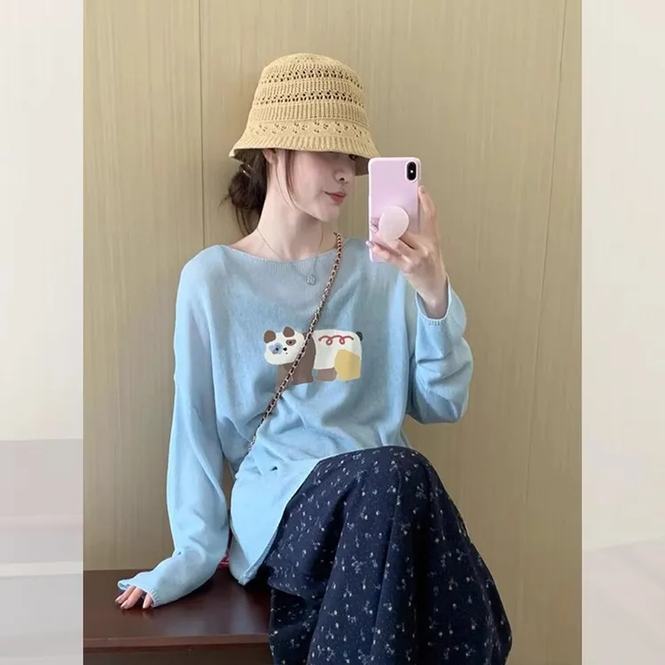 蓝色卡通印花冰丝针织防晒衫T恤女夏季外搭薄款宽松显瘦罩衫上衣