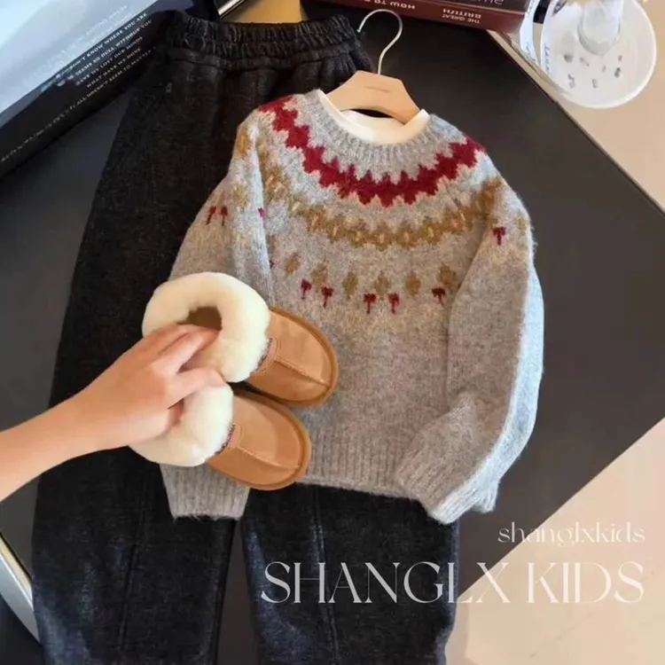 费尔岛穿搭提花毛衣女童2025新款裤子套装秋冬款儿童冬装针织上衣