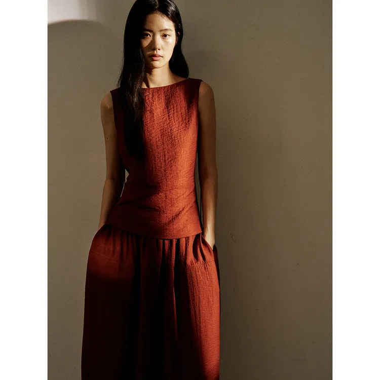 REWEAR/微皱肌理正反两穿露背系带上衣半裙亚麻套装14059