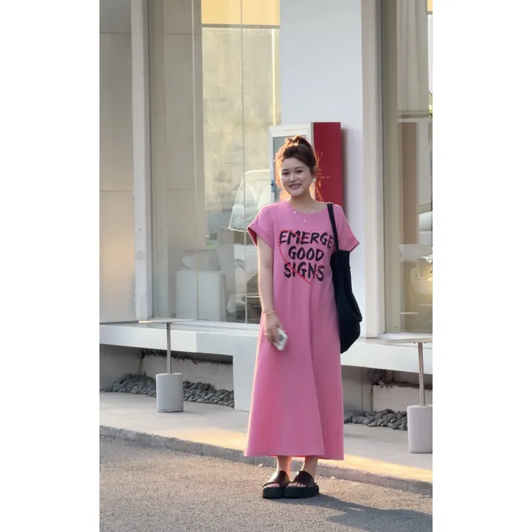 晶咕佳佳【恋爱响铃】爱心字母涂鸦短袖T恤长裙显瘦气质时尚