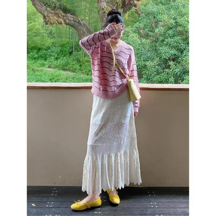 法式纯欲条纹垂感镂空针织衫~温柔风蕾丝拼接半身裙女Y5156