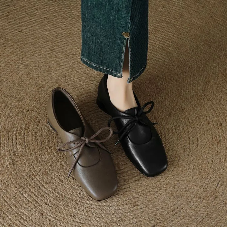 全羊皮~3cm文艺百搭大码通勤方头单鞋女软底软皮英伦风系带小皮鞋