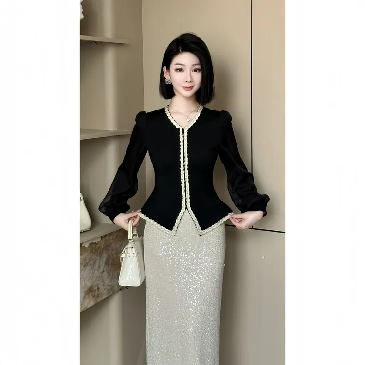 格娜秋季新款2025气质显瘦套装高级感纱袖两件套优雅亮片裙子套装