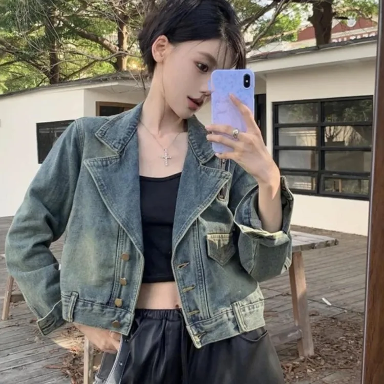 复古西装领牛仔外套女2025春秋设计感小个子短款显瘦休闲夹克上衣