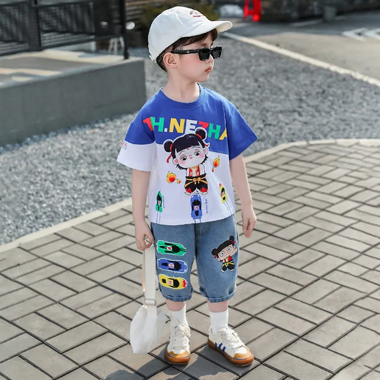 哪吒衣服2025新款夏季男童套装宝宝夏装洋气时髦儿童短袖体恤短裤