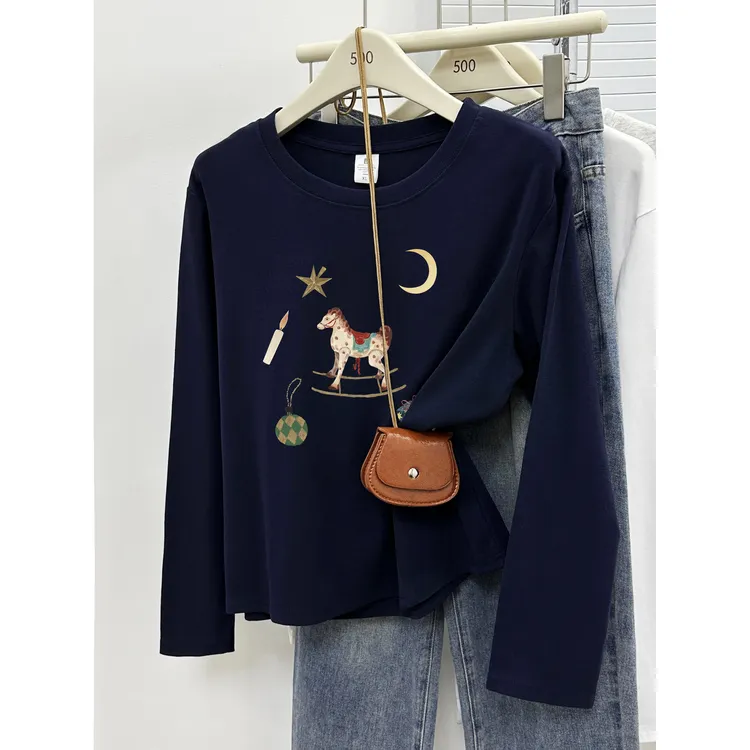 休闲正肩长袖T恤女装2025新款秋冬季大码胖MM显瘦圆领打底衫上衣