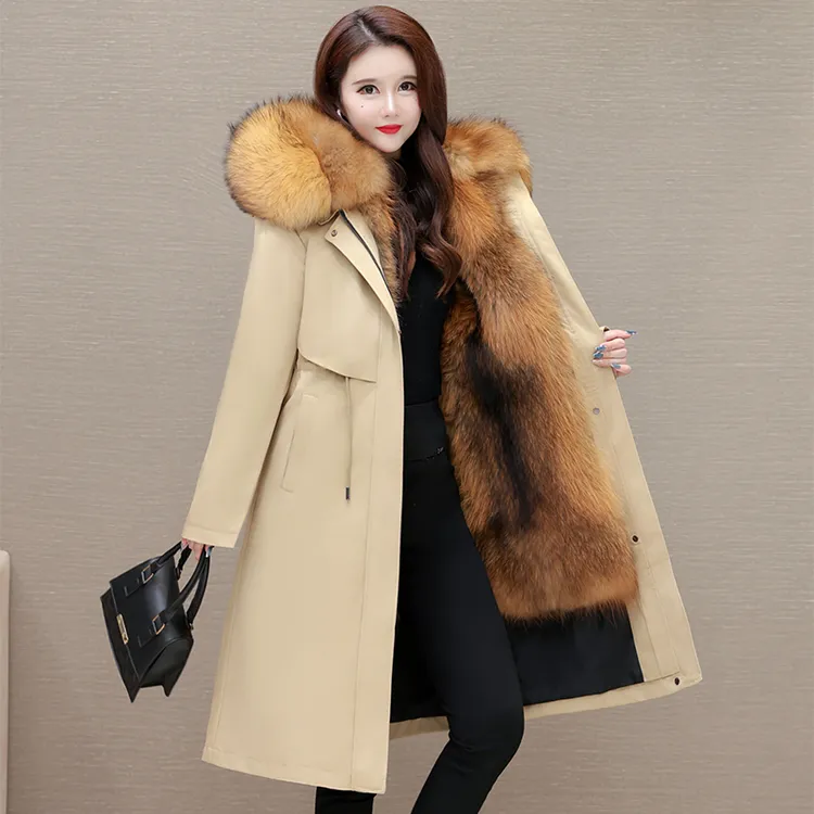 2025新款派克服女可拆卸皮毛一体内胆长款大衣大码加绒加厚外套女