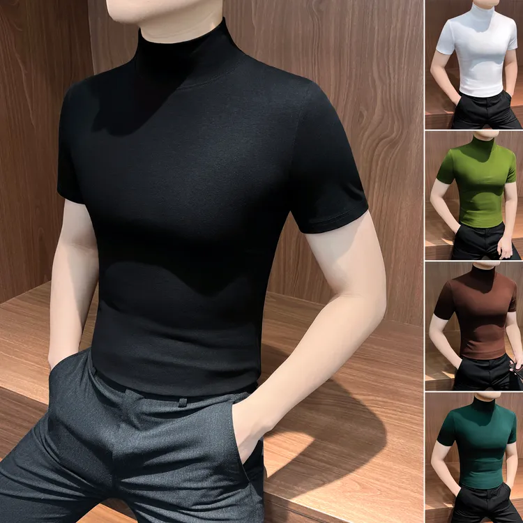 半高领短袖t恤男款爆款2025新款秋季网红痞帅男装休闲男士打底衫