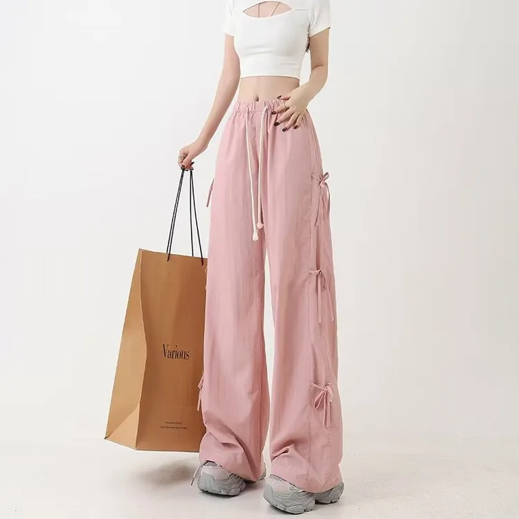 春夏新款设计感蝴蝶结阔腿休闲裤装小众工装直筒束脚薄款长裤