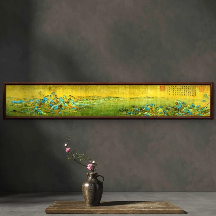 070-40*240千里江山图中式装饰画实木框书房茶室客厅背景墙挂画