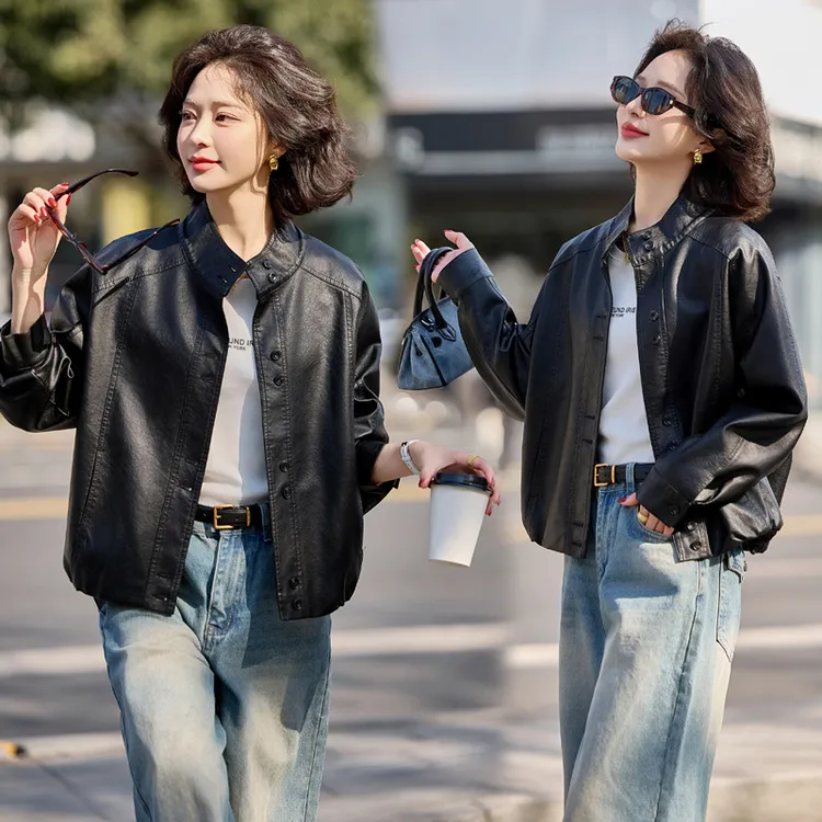 高级感皮衣夹克外套女短款韩版宽松立领春季新款百搭真皮上衣百搭