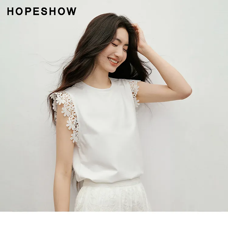 红袖2025夏新女装 蕾丝花边拼接正肩无袖圆领套头T恤90125180201