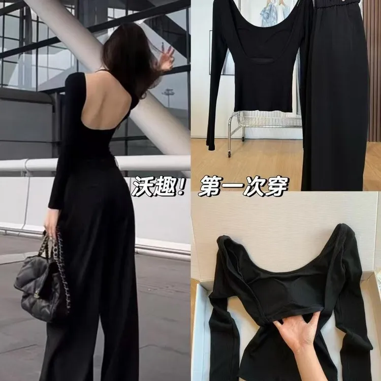 纯欲性感黑色大露背长袖打底衫女早秋款别致小众外穿上衣带胸垫Z