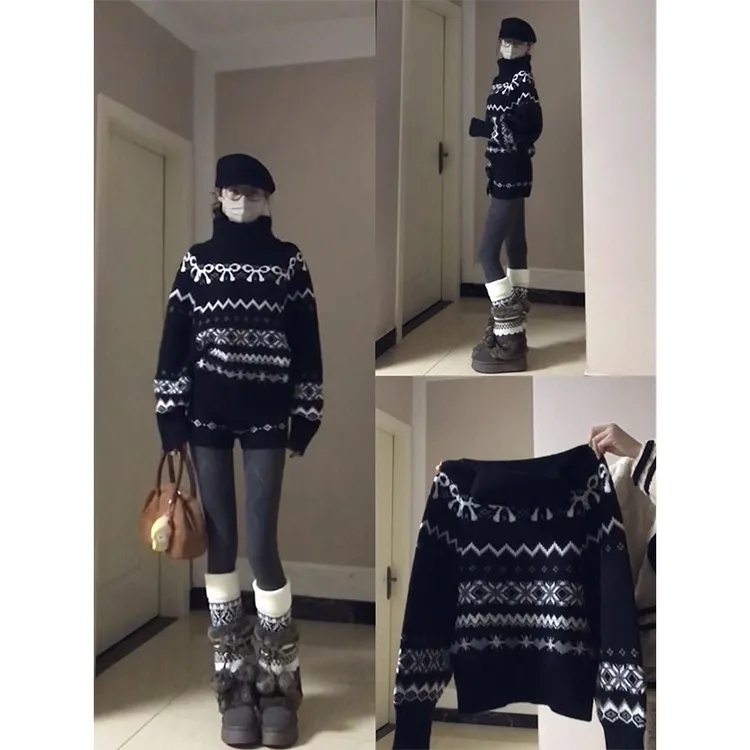 MARIE.COCO慵懒风黑色费尔岛提花针织衫毛衣女秋冬新款短裤套装