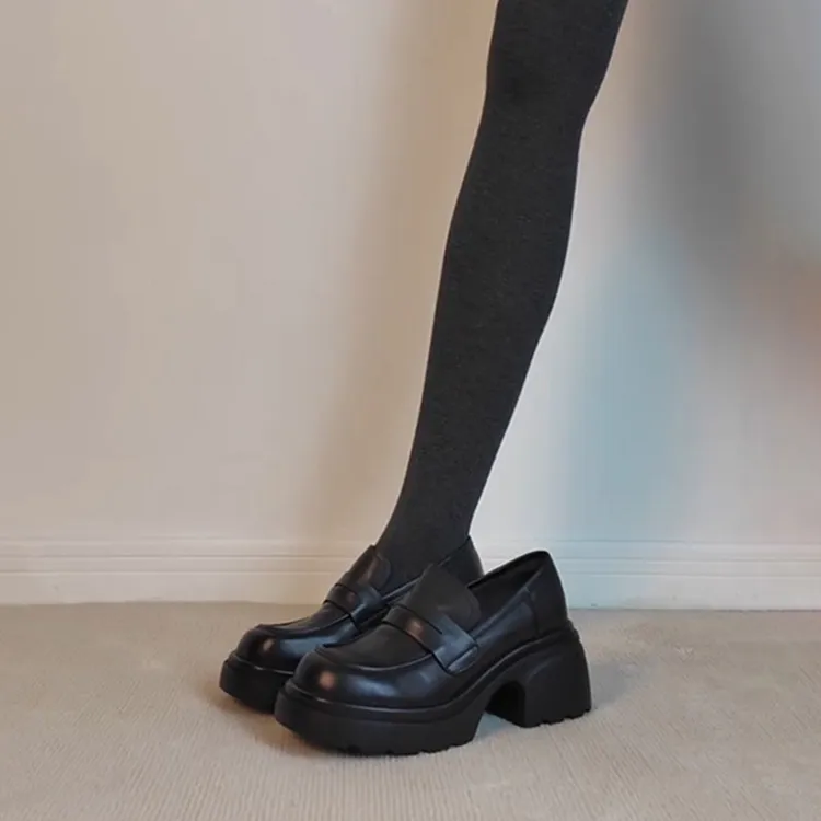 羊皮版~复古英伦黑色百搭小皮鞋单鞋秋季厚底松糕一脚蹬乐福鞋女