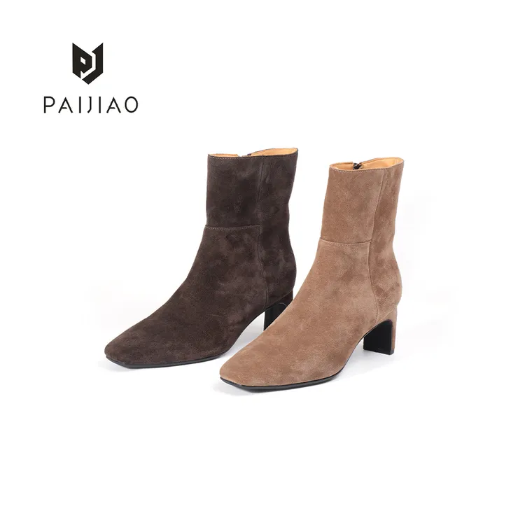 西部牛反绒设计极简小方头轻奢复古小众短筒跟鞋女瘦瘦靴XD113043