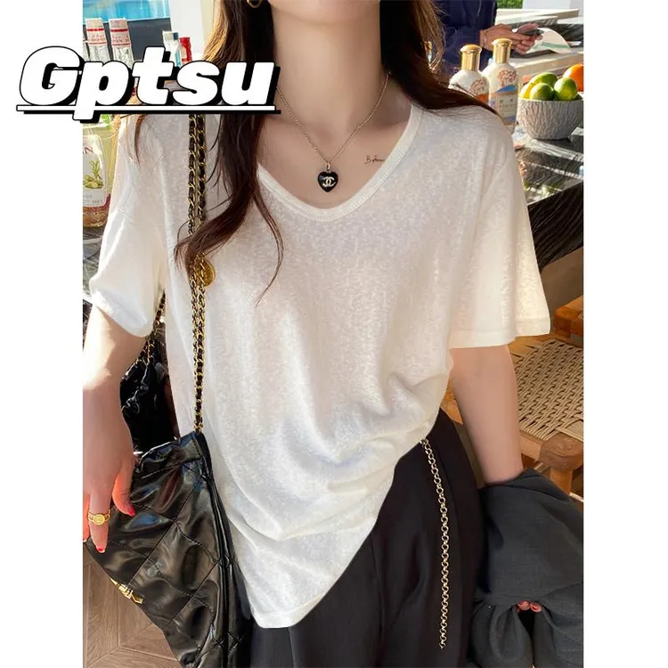 GPTSu白色雪花棉v领短袖t恤女款夏季宽松冰丝薄款半袖打底衫上衣
