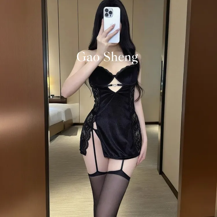 【GS】黑巴克性感高级蕾丝金丝绒吊带睡裙复古欧美镂空暗黑显瘦