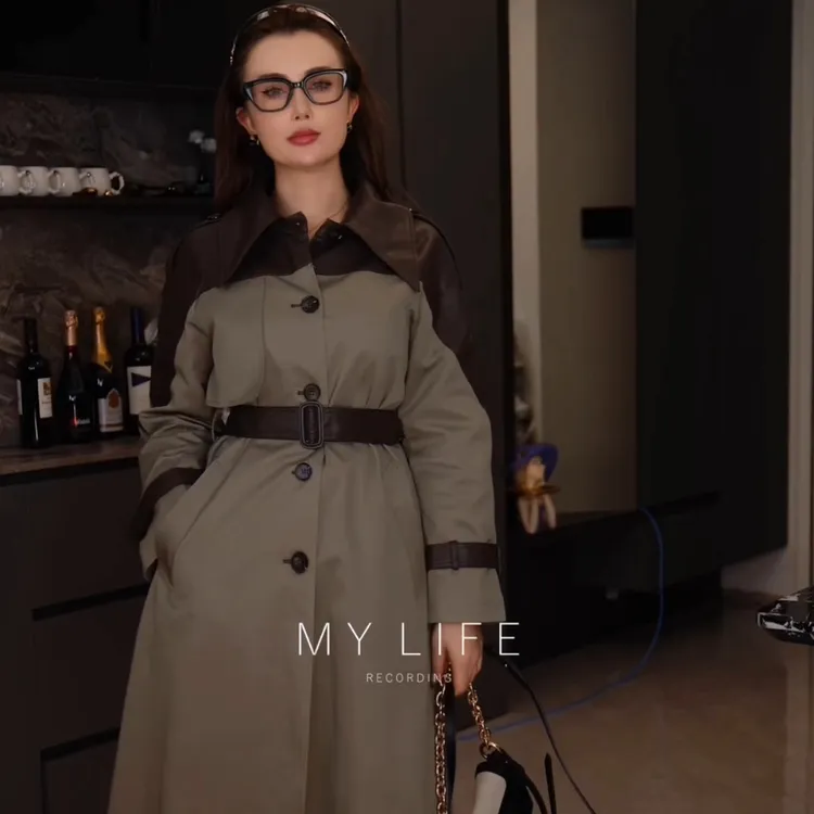 女士中长款拼接PU皮风衣POLO领单排扣长袖洋气显瘦外套