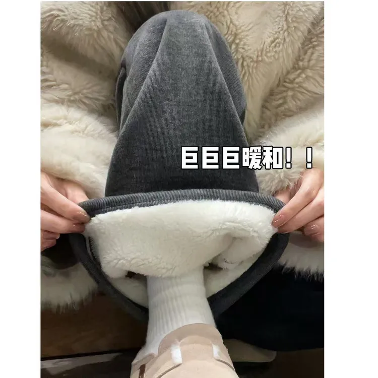 胖mm大码300斤羊羔绒糯米裤女秋冬加绒高腰休闲百搭直筒阔腿裤子2