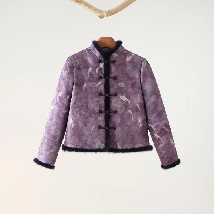 西子/【锦鲤戏莲】新中式国风荷池鱼影拼水貂夹棉外套/WTXZ0005