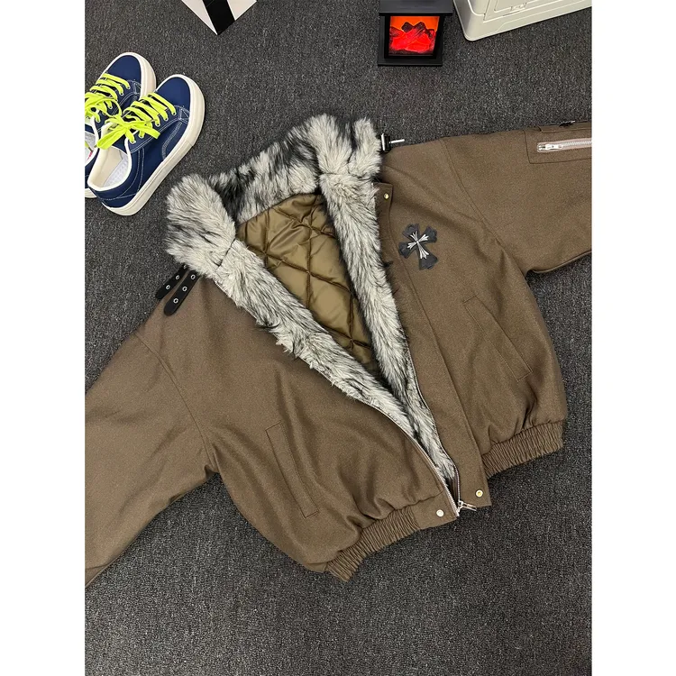 美式毛领座山雕棉服男冬季潮牌十字架加绒加厚情侣保暖棉服外套