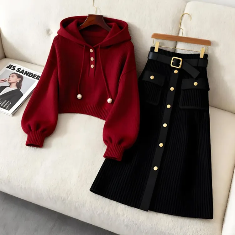 【当日发货】小众别致红色连帽抽绳纯色卫衣黑色休闲百搭半身裙套装