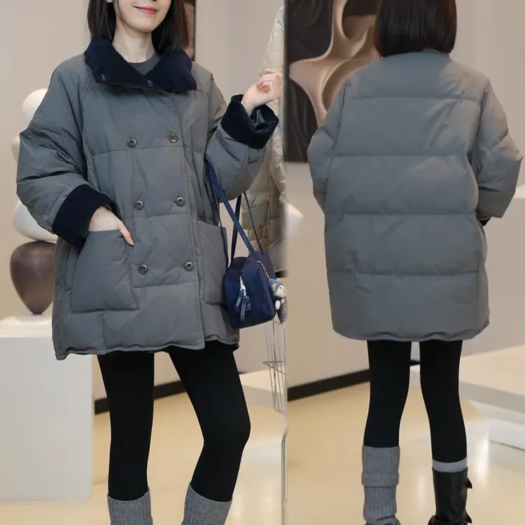 时尚韩版百搭中长款棉衣外套2025冬季新款宽松显瘦立领双排扣棉服