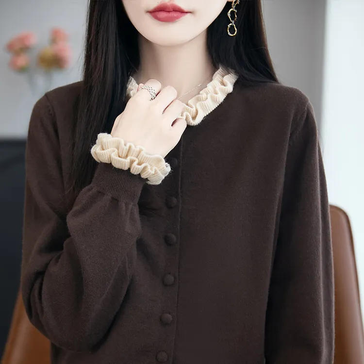 法式温柔风花边领针织开衫女毛衣外套2025秋冬新款甜美减龄小香风