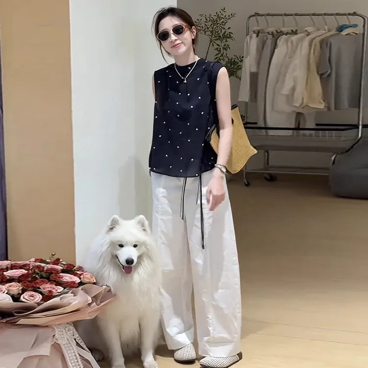 时尚套装女2025夏季新款洋气显瘦无袖波点衬衫阔腿裤气质两件套潮