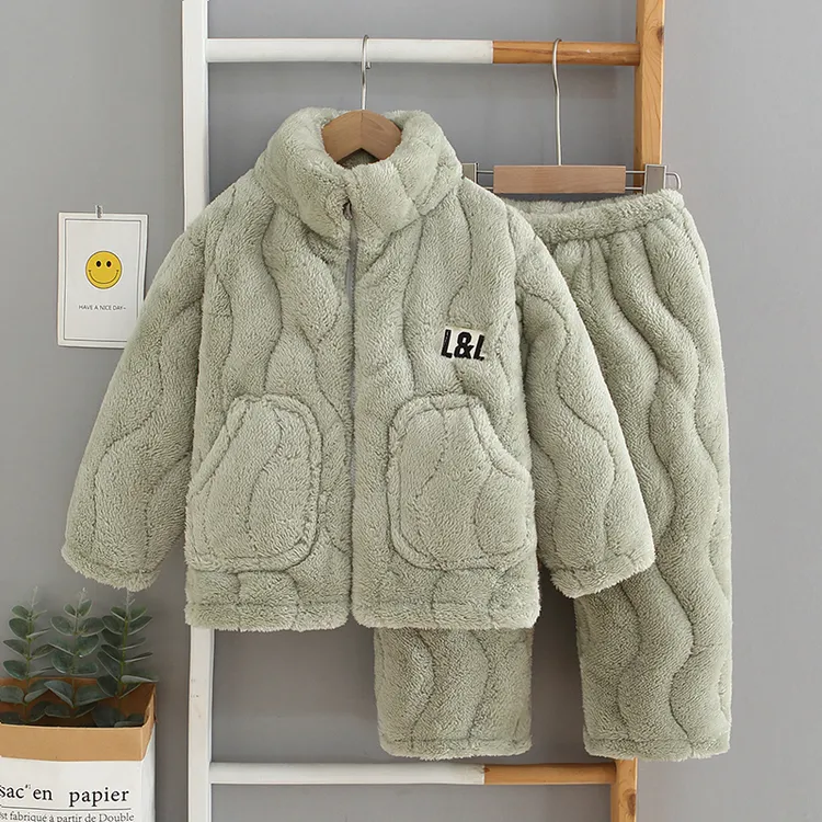 儿童睡衣男童女童冬季加厚款珊瑚绒拉链夹棉亲子法兰绒家居服套装