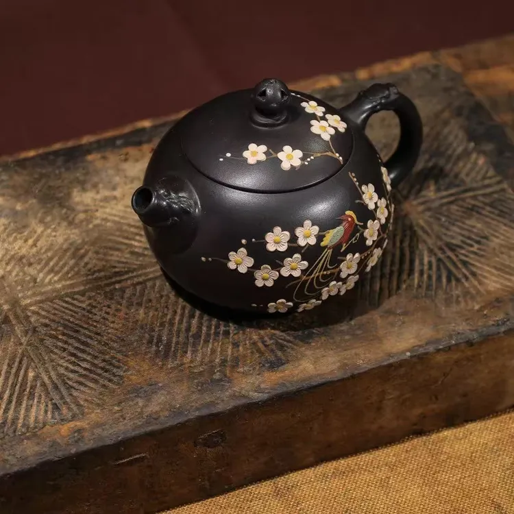 宜兴原矿紫砂 石黄全手工变色梅花泥绘西施壶茶具家用