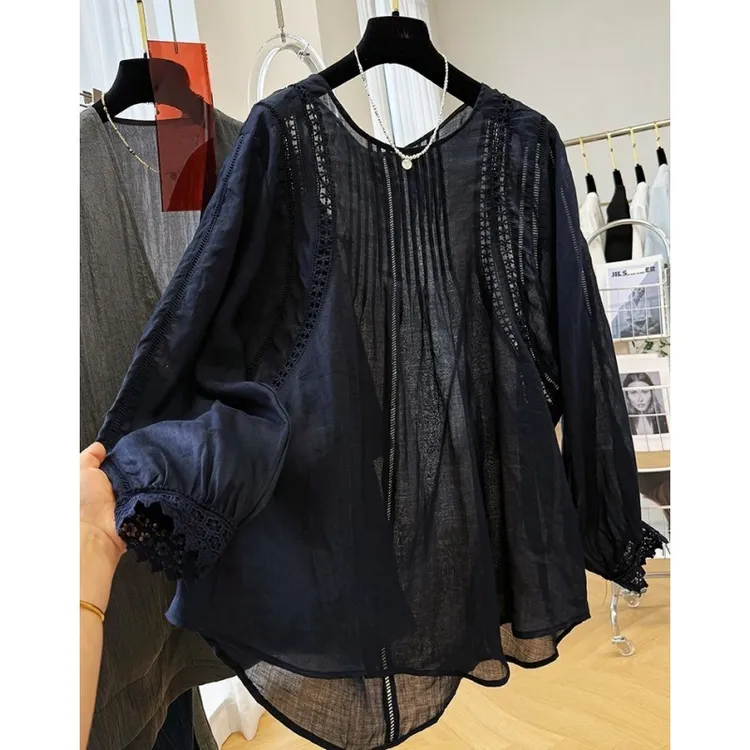 6820高级感设计镂空蕾丝微透长袖衬衫女夏季气质小衫娃娃衫上衣新