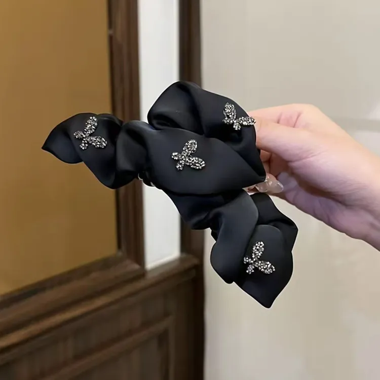 时尚褶皱布艺抓夹蝴蝶装饰大号13cm后脑勺鲨鱼夹发量多发夹头饰