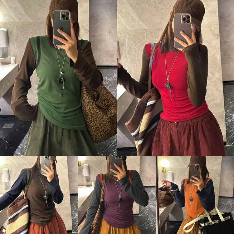 （老三）韩版复古百搭高级个性撞色拼接时尚休闲潮流长袖打底T恤