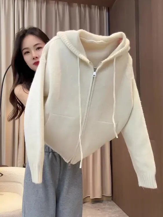韩版长袖连帽纯色拉链白色上衣女2025早秋简约宽松慵懒风卫衣外套