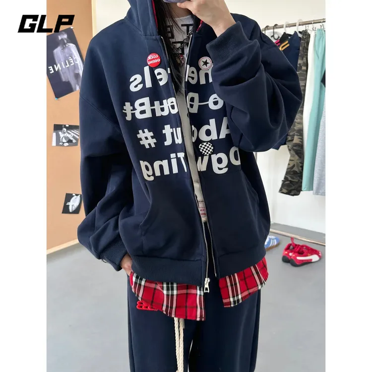 大码撞色拼接外套男春秋季款美式学院风leisuret连帽休闲夹克开衫