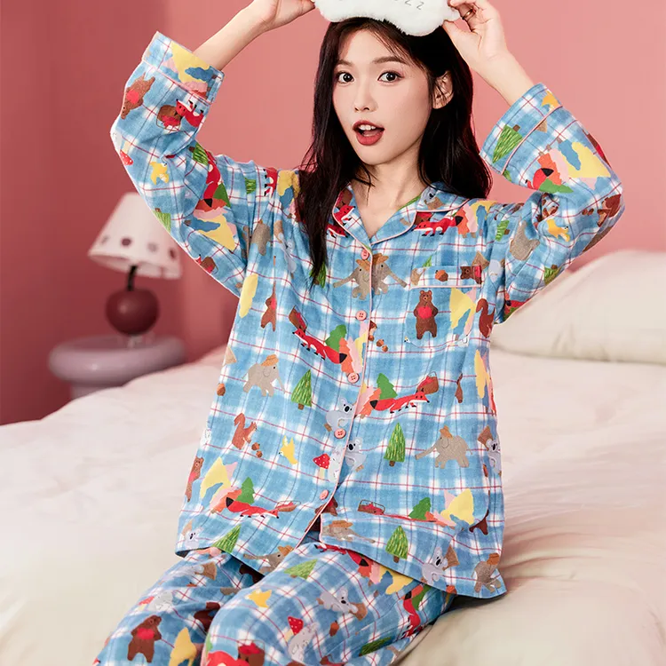 侘町秋冬新款森林狐狸纯棉磨毛长袖情侣睡衣卡通开衫外穿款家居服