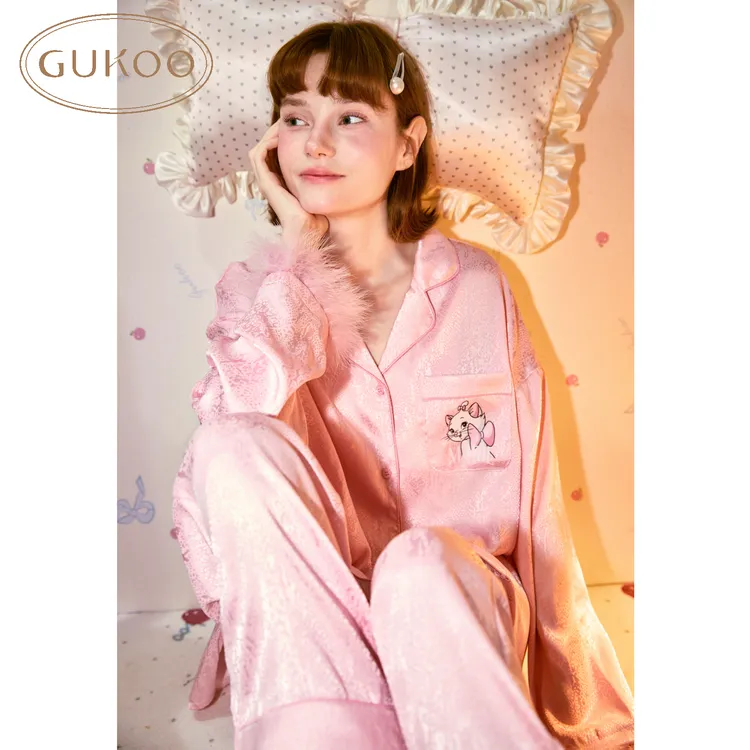 Gukoo果壳春秋季玛丽猫联名新款豹纹提花宽松女士睡衣家居服套装