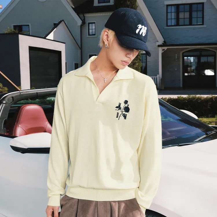 MEDM 混纺玫瑰花刺绣休闲长袖polo衫美式通勤百搭情侣翻领上衣秋