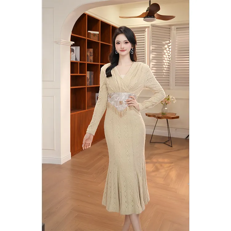 【香香定制】新款时尚优雅显瘦气质长袖轻奢法式长款连衣裙11234