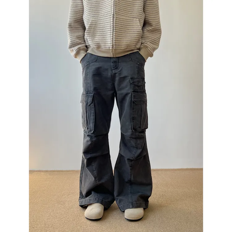 美式复古休闲做旧宽松微喇工装裤铆钉多口袋街头痞帅百搭长裤Z044