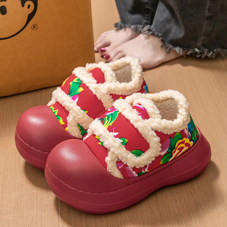 东北大花棉鞋女士冬季魔术贴包跟网红保暖羊羔绒防撞包头棉鞋外穿