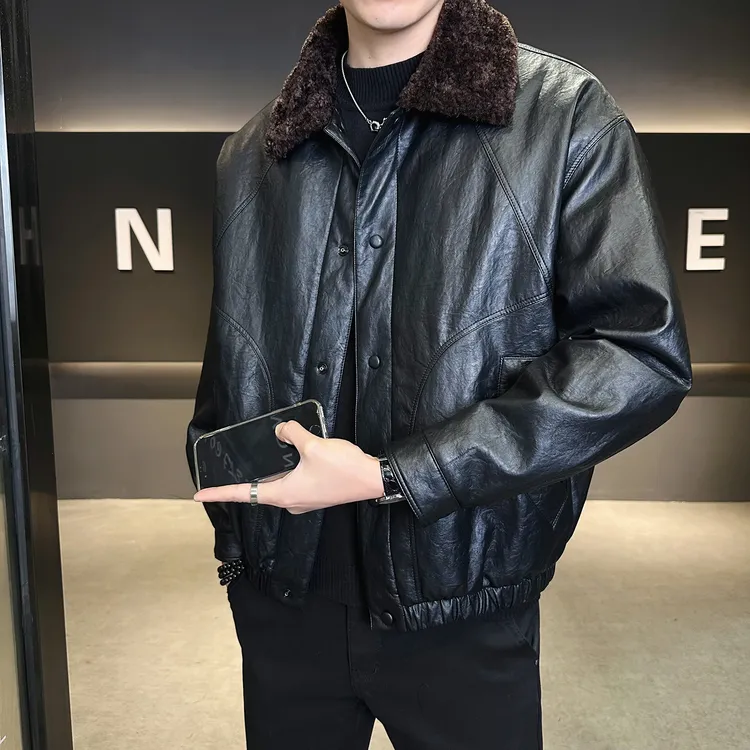 冬季皮衣男士加绒加厚翻领外套2025新款潮牌加厚保暖皮毛一体夹克